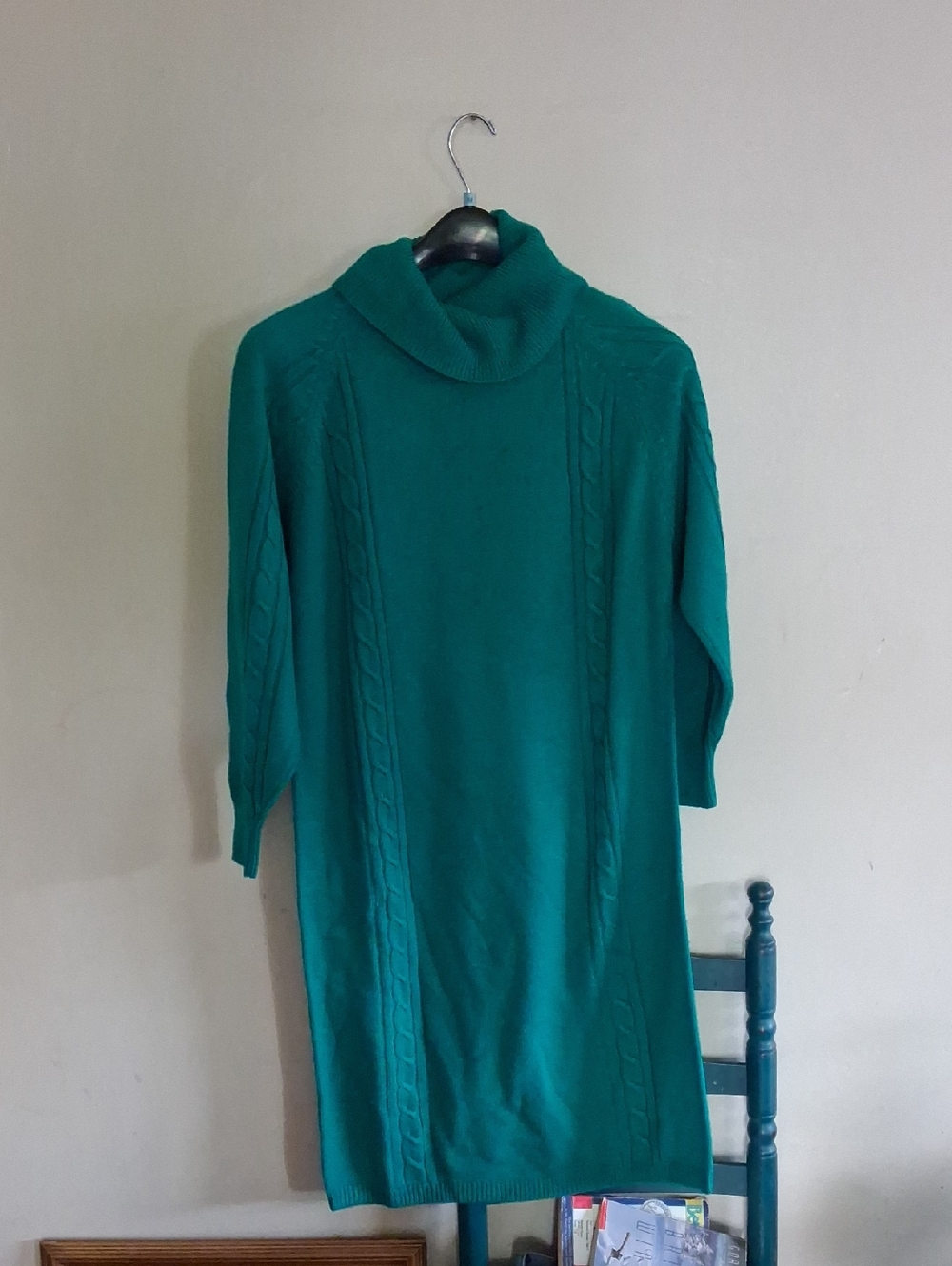 Women's Teal Cable-Knit Turtleneck Sweater